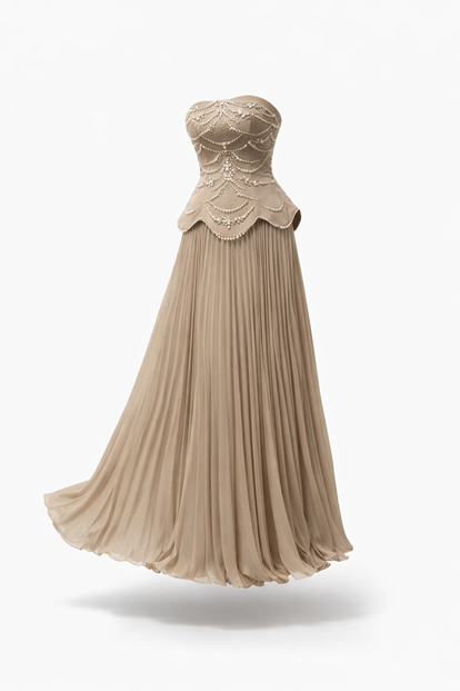 Stone Strapless Pearl Detail Pleated Evening Dress